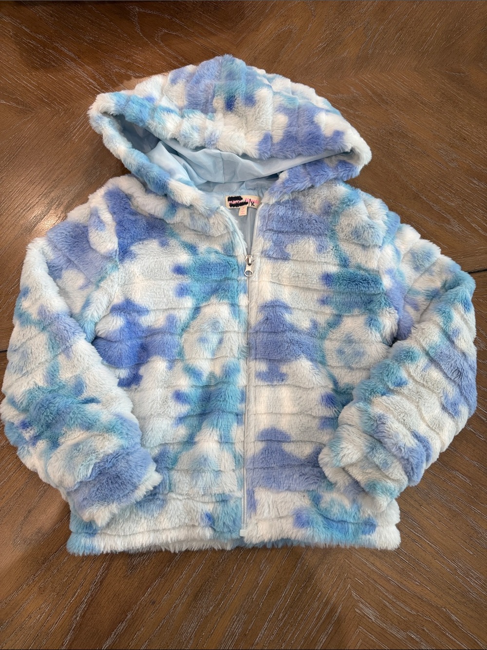 Plush Hooded Zip Jacket - Blue & White Tie-Dye